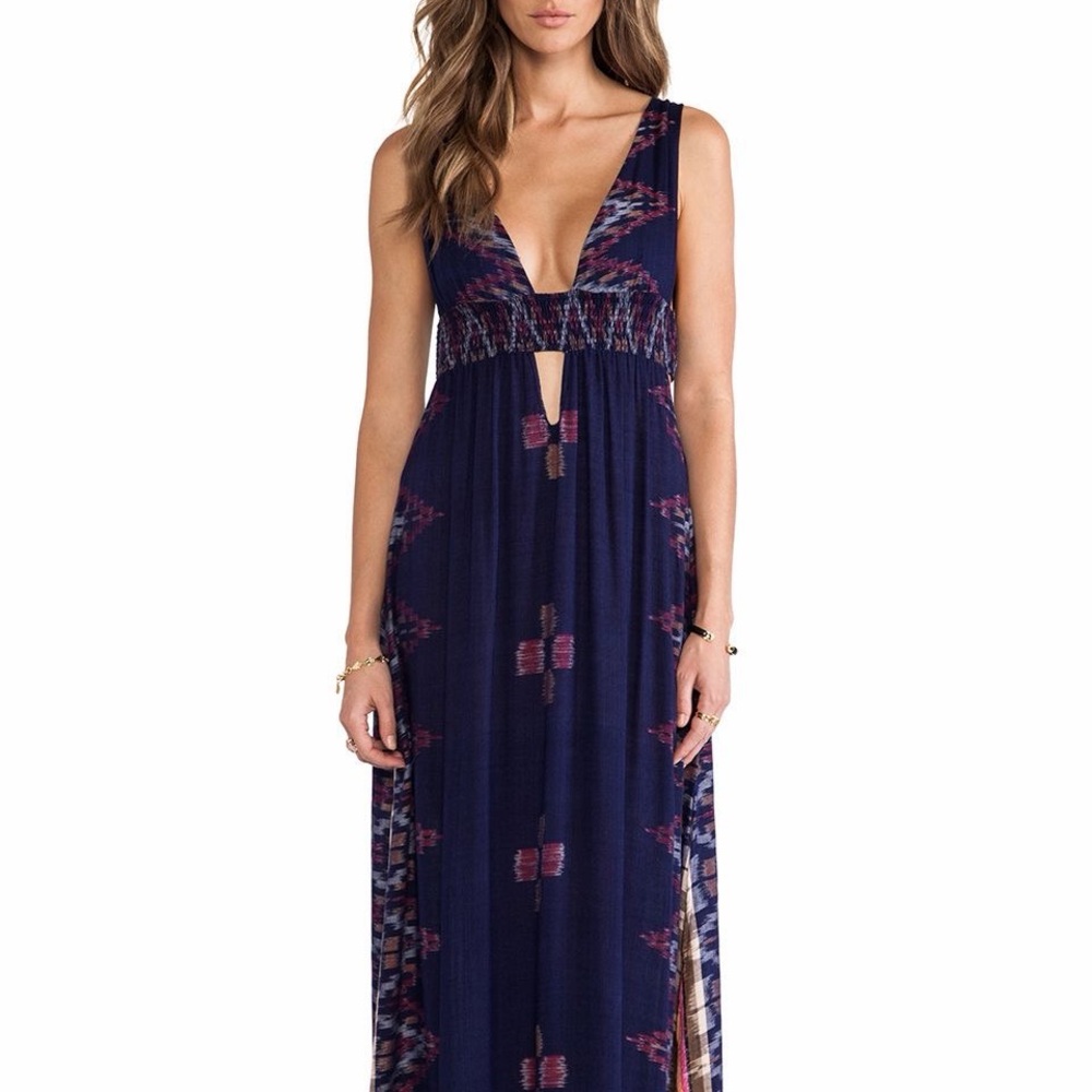 Indah Anjeli Plunge Empire Maxi Dress in Indigo Endek